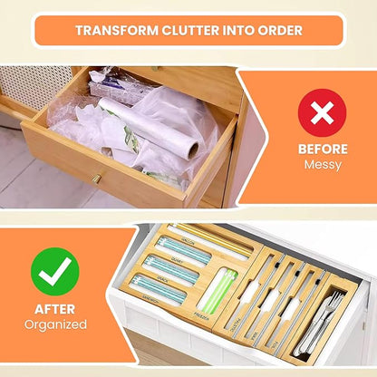 Storage Bag Organizer for Kitchen Drawer, Foil and Plastic Wrap with Cutter, Organizers Compatible Gallon, Quart, Sandwich Snack Size 9 in 1