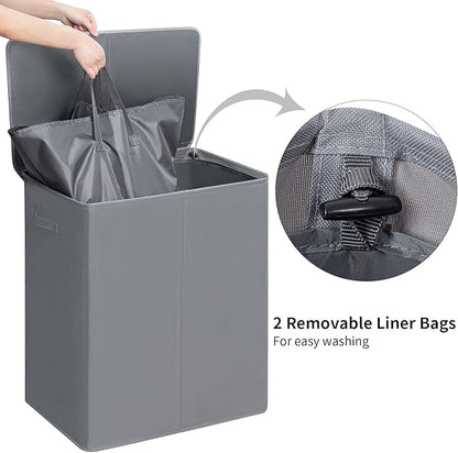 WOWLIVE 154L Double Laundry Hamper with Lid and Removable Laundry Bags, Large Dirty Clothes Hamper 2 section Collapsible Laundry Basket Dorm Room Storage for Bedroom, Bathroom, College,Grey