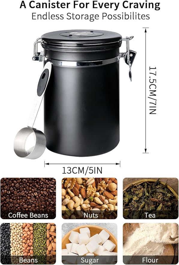Coffee Canister with Airtight Lid, 22oz, 60 fl oz White, Stainless Steel Air Tight Lid Container with Date Tracker and Scoop Food Storage Jar for Coffee Bean (Black)