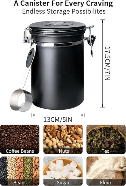 Coffee Canister with Airtight Lid, 22oz, 60 fl oz White, Stainless Steel Air Tight Lid Container with Date Tracker and Scoop Food Storage Jar for Coffee Bean (Black)