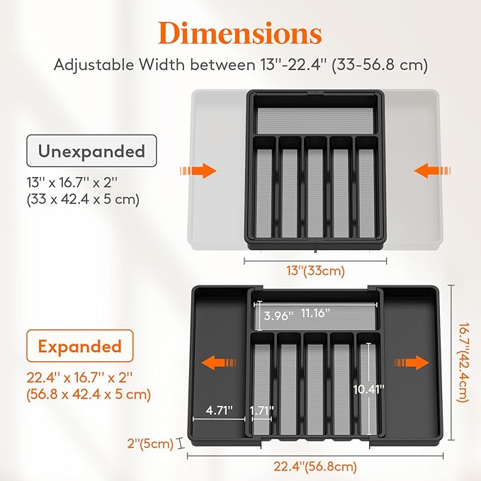 Lifewit Silverware Drawer Organizer, Expandable Utensil Tray for Kitchen, BPA Free Flatware and Cutlery Holder, Adjustable Plastic Storage for Spoons Forks Knives, 33 -57 x 42cm, Black and Gray