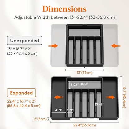 Lifewit Silverware Drawer Organizer, Expandable Utensil Tray for Kitchen, BPA Free Flatware and Cutlery Holder, Adjustable Plastic Storage for Spoons Forks Knives, 33 -57 x 42cm, Black and Gray