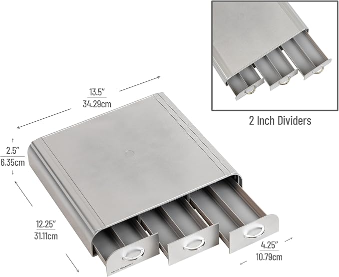 Mind Reader Single Serve Coffee Pod Organizer with 3 Drawers, 36 Pod Capacity, Countertop, 13.5"L x 12.25"W x 2.5"H, Silver