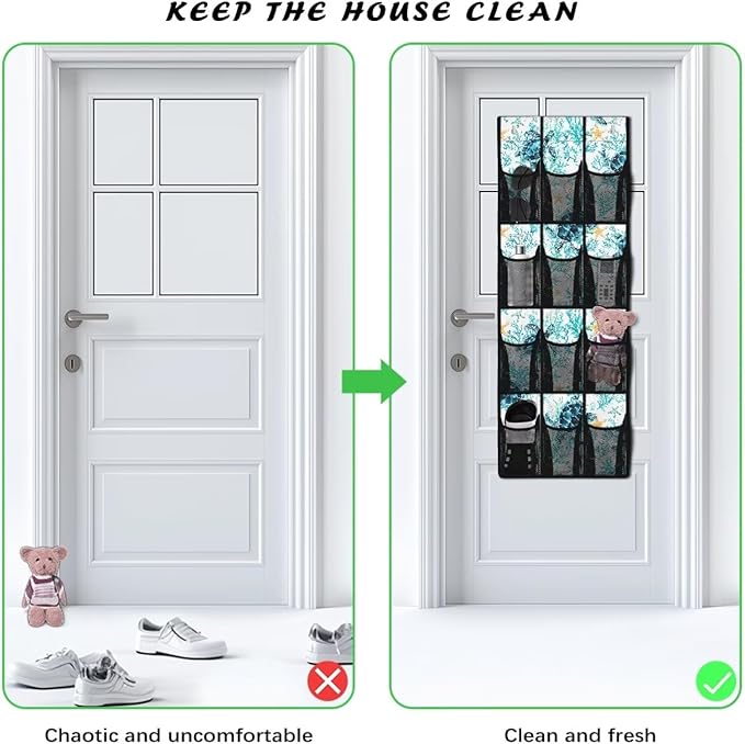 Blue Sea Turtle Behind The Door Shoe Organizer, 12 Pockets Ocean Theme Hanging Rack for Bathroom & Beach House, No Drill Storage for Toys & Toiletries