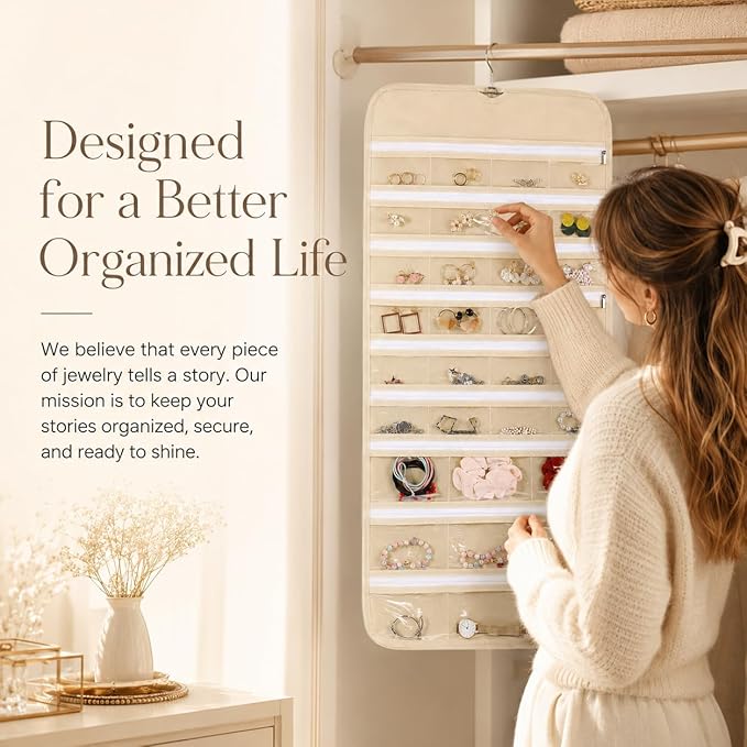 Cabilock 66 Pockets Hanging Jewelry Organizer, Double Sided Zippered Earring Holder with Clear Pockets, Space Saving Necklace Bracelet Ring Storage Bag for Closet, Door, Wall and Travel, Beige 1pcs
