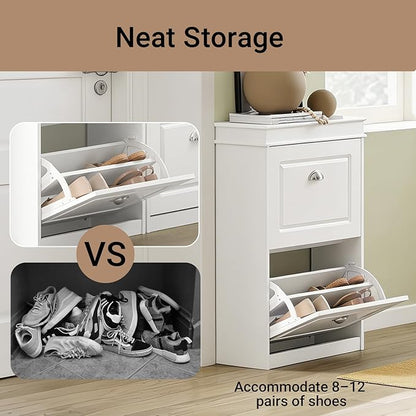 SoBuy Small Shoe Cabinet, Slim Shoe Rack 2 Flip-Drawers, Thin Shoe Storage Cupboard Organizer Unit for Entryway and Hallway, White FSR78-W