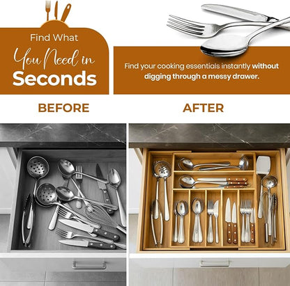 Bamboo Drawer Organizer | Expandable Silverware & Utensil Organizer for Kitchen | Flatware Cutlery Tray with Adjustable Dividers | Wooden Drawer for Knives, Spoons & Forks | Natural Bamboo