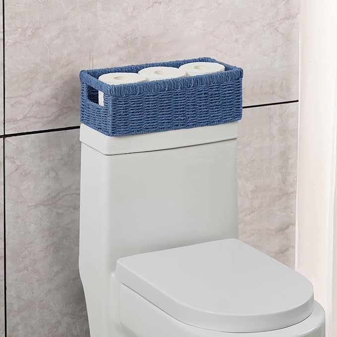 Vagusicc Wicker Storage Basket, Paper Rope Wicker Baskets with Handles, Toilet Paper Basket for Toilet Tank Top, Small Wicke Baskets for Organizing Shelves, 2-Pack, Blue