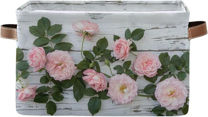 Large Storage Basket Pink Rose Storage Bin Cube Canvas Fabric Organizer Handles Collapsible for Clothes Toys Bedroom Decorative