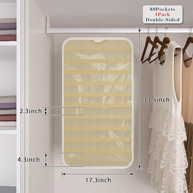 1 Pack Hanging Jewelry Organizer 80-Pocket Dual-sided Jewelry Storage for Earring Necklace Bracelet Ring Travel Holder, White and Beige