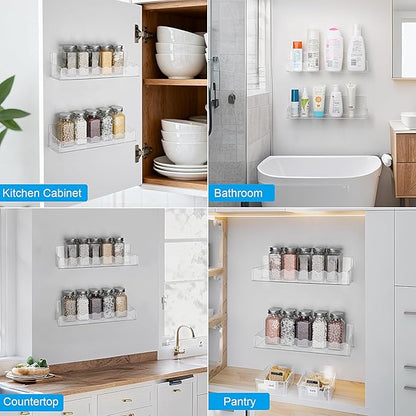 6 inch Spice Rack Wall Mounted,4 Pack Spice Organizer Shelf for Stove Cabinet Pantry Door, Adhesive or Screw Hanging Wall Spice Shelf Storage Holder in Kitchen and RV - Clear Color