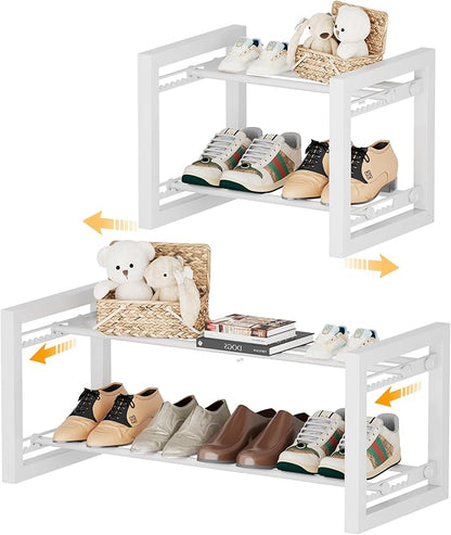 Homeiju Expandable Shoe Rack, 2 Tier Metal Shoe Shelf, Adjustable Shoe Stand for Sneakers, Boots, Heels, Heavy-Duty Steel Standing Shoe Organizer for Entryway, Closet, Bedroom, White