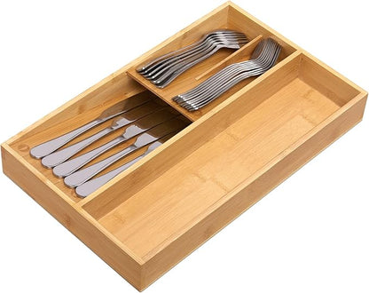 guiogc Bamboo silverware tray organizer, Utensil Holder and Cutlery Tray for Drawer, Kitchen Drawer Organizer Divider for Spoons Forks Knives