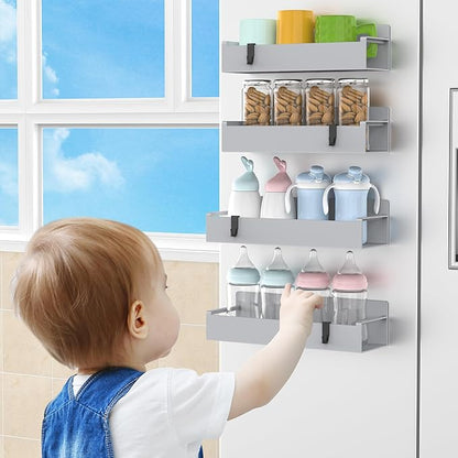 HuggieGems 4 Pack Magnetic Spice Rack Organizer for Refrigerator and Oven, Light Gray Fridge Organizers and Storage for Kitchen