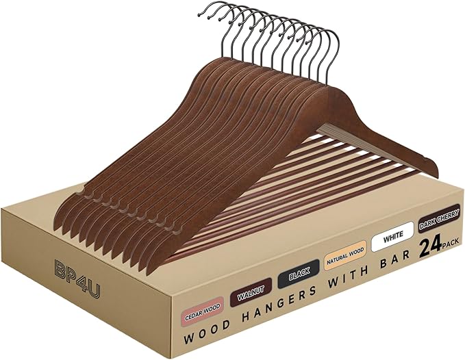 Quality Wooden Clothes Hangers, Solid Wood Suit & Coat Hangers with Pants Bars, Swivel Hook, Shoulder Notches, Heavy Duty Hangers for Shirts, Jackets, Dresses & Trousers(Walnut/24-Pack)