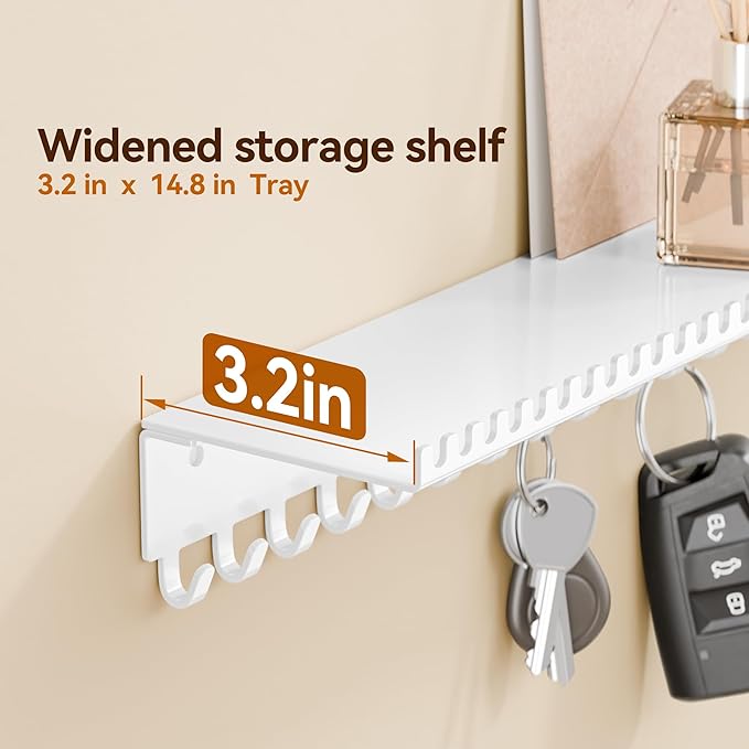 niffgaff Wall-Mounted Jewelry Organizer with Hooks and Shelf - Necklace Hanger Holder for Hanging Storage, Multi-Functional Wall Decor | White