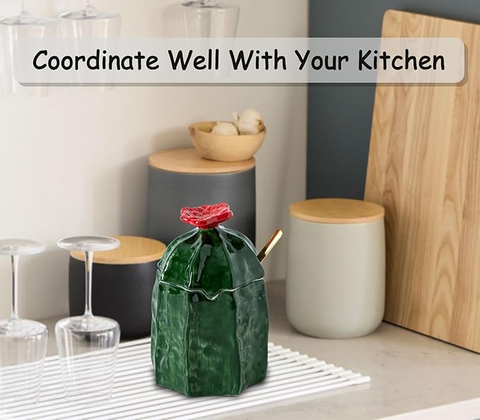 dgudgu Cactus Salt Cellar With Lid Ceramic Salt Container With Lid And Spoon Cute Salt Holder Elegant Salt Container For Countertop