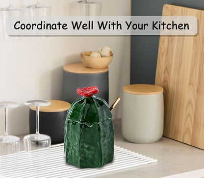 dgudgu Cactus Salt Cellar With Lid Ceramic Salt Container With Lid And Spoon Cute Salt Holder Elegant Salt Container For Countertop