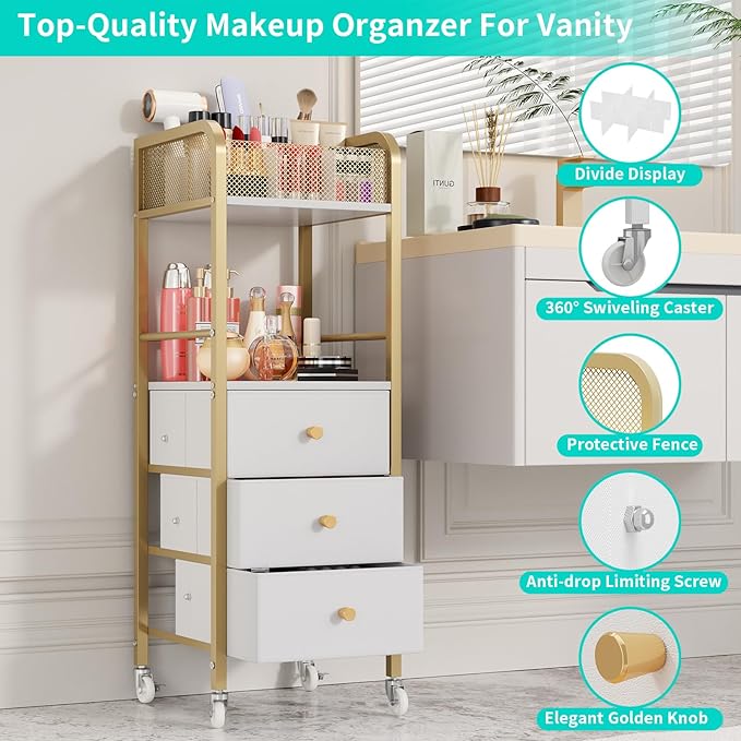 HapiRm Rolling Makeup Cart Organizer - Floor Skincare Make Up Storage with 3 Non-woven Fabric Drawers, Vanity Organizer Cosmetic Display Cases Holder for Skin Care Perfume Nail Polish Brush Hair Tool
