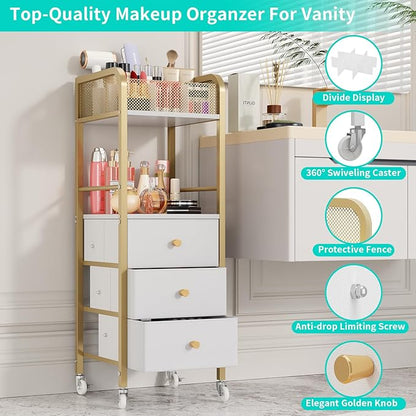 HapiRm Rolling Makeup Cart Organizer - Floor Skincare Make Up Storage with 3 Non-woven Fabric Drawers, Vanity Organizer Cosmetic Display Cases Holder for Skin Care Perfume Nail Polish Brush Hair Tool