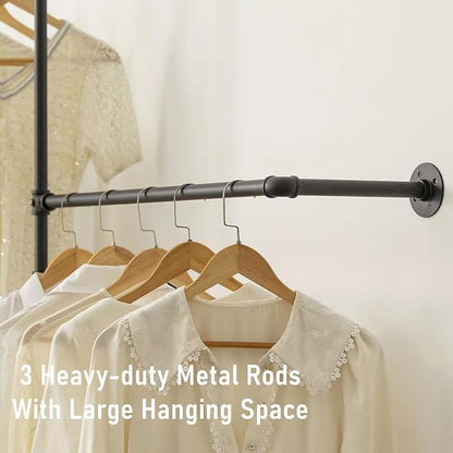 Industrial Pipe Clothing Rack Wall Garment Rack with Pipe Clothes Rails, Heavy Duty Clothes Hanging Rods Space-Saving Closet Organizer (Wall Clothing Rack-3 Hanging Rods)