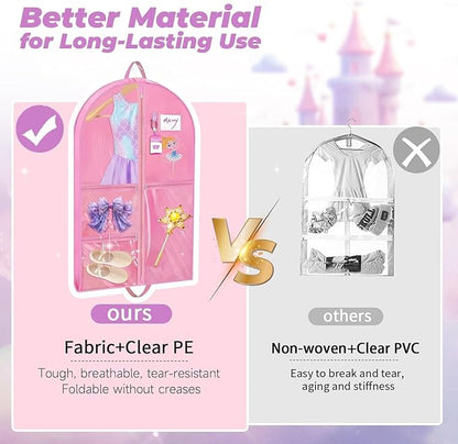 2 Pack Hanging Dance Garment Bag, 40 Inch Waterproof Costumes Bag for Travel, Pink Clothes Bag with 5 Pockets for Dance, Sports, Skating, Beauty Pageants, Theatre