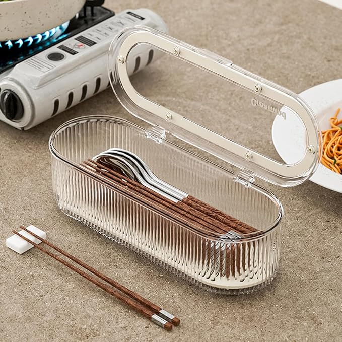 Silverware Organizer with Lid and Drainer, Covered Utensil Tray for Kitchen Drawer and Countertop, Clear Plastic Cutlery and Flatware Storage Box for Spoons Forks Knives Holder Case
