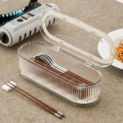 Silverware Organizer with Lid and Drainer, Covered Utensil Tray for Kitchen Drawer and Countertop, Clear Plastic Cutlery and Flatware Storage Box for Spoons Forks Knives Holder Case