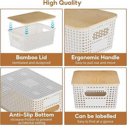 8 Pcs Plastic Storage Bins with Bamboo Lids and Labels 5.29qt Stackable Box Basket Pantry Decorative Containers, Small Storage Baskets for Desktop Shelves Drawers Closets Office Cabinets 10*7.2*4.1"