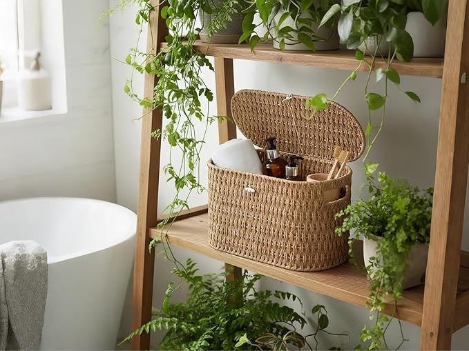 Coeusy Toilet Paper Basket with Lid,Paper Rope Decor Basket for Bathroom Organizers and Storage,Holds Up to 6 Mega Rolls,Decorative Hand-Woven Bathroom Bedroom Living Room Decor