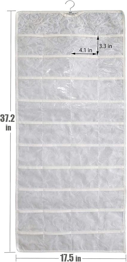 BB Brotrade Hanging Jewelry Organizer, Double-Sided Jewelry Storage Organizer with Embossed Pattern, 80 Clear PVC Pockets for Holding Jewelries (White)
