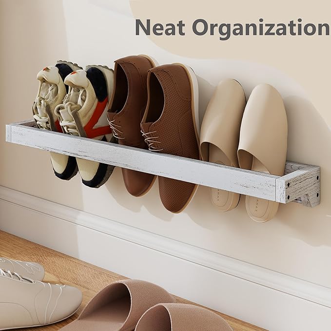 tonchean Wall Mounted Shoe Rack 30in, Solid Wood Hanging Shoe Organizer Storage Rack Shabby White Washed, Wooden Shoe Shelf Rack, Hanging Shoe Organizer Holder for Closet Mudroom RV Entryway, 4 pack