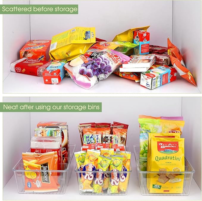 ZIZOTI Snack Organizer for Pantry Shelf, 8 Pack Clear Plastic Pantry Storage Bins with 3 Dividers for Snacks, Spices, Chips Food Organizer, Stackable Pantry Organizers for Kitchen, Fridge, Cabinet