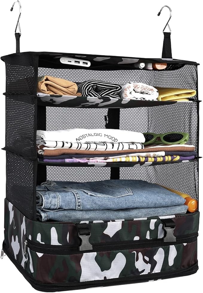Surblue Hanging Closet Storage Bag Collapsible 3-Shelf Washable Oxford Fabric with 2 Hooks (XL 17.71 * 11.81 * 20in, Camouflage)