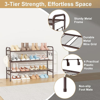 VILICK 3 Tier Shoe Rack 33" Wide Metal Shoe Organizer Long Shoe Storage with 4 Side Hooks Sturdy Shoes Shelf for Front Door Entrance, Closet, Garage, Dorm, Brown