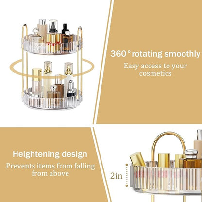 MOKANI 360 Rotating Makeup Organizer for Vanity, 2 Tier Adjustable Perfume Organizer for Dresser, Multi-Function Spinning Cosmetics Skincare Storage for Bedroom, Dresser, Countertop, Clear