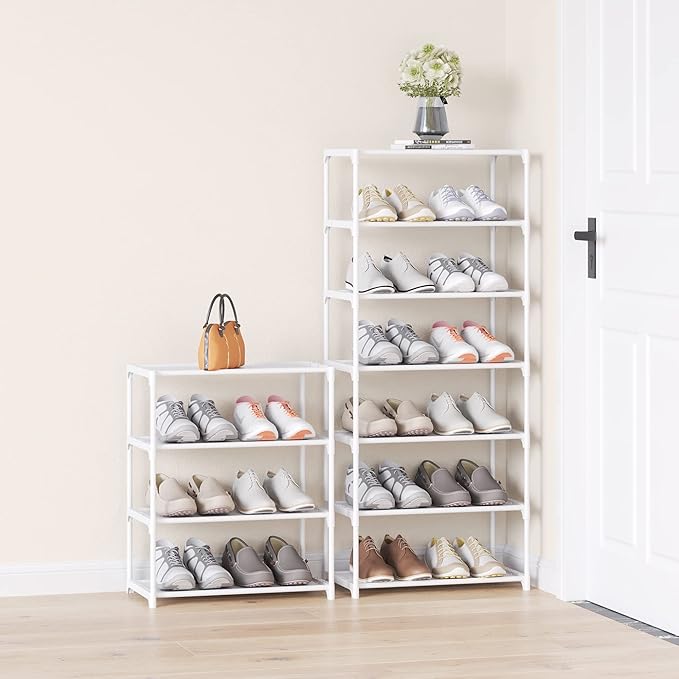 4-Tier Small Shoe Rack Space Saving Shoe Shelf Storage Organizer for Entryway Hallway Closet Bathroom Garage,Stackable Shoe Stand(White)
