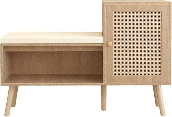 2-in-1 Shoe Storage Bench, Rattan Shoe Cabinet with 2 Adjustable Shelves and Removable Seat Cushion, Modern Entryway Bench, Shoe Storage Organizer, Shoe Rack for Hallway, Bedroom