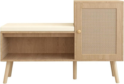 2-in-1 Shoe Storage Bench, Rattan Shoe Cabinet with 2 Adjustable Shelves and Removable Seat Cushion, Modern Entryway Bench, Shoe Storage Organizer, Shoe Rack for Hallway, Bedroom