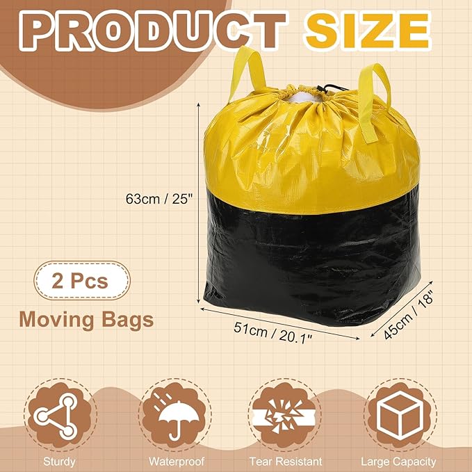uxcell 2Pcs Extra Large Moving Bags, 20 x 18 x 25" Heavy Duty Woven Clothes Storage Totes Waterproof Packing Bags with Elastic Band and Handle for Home Camping Packing Quilts, Yellow
