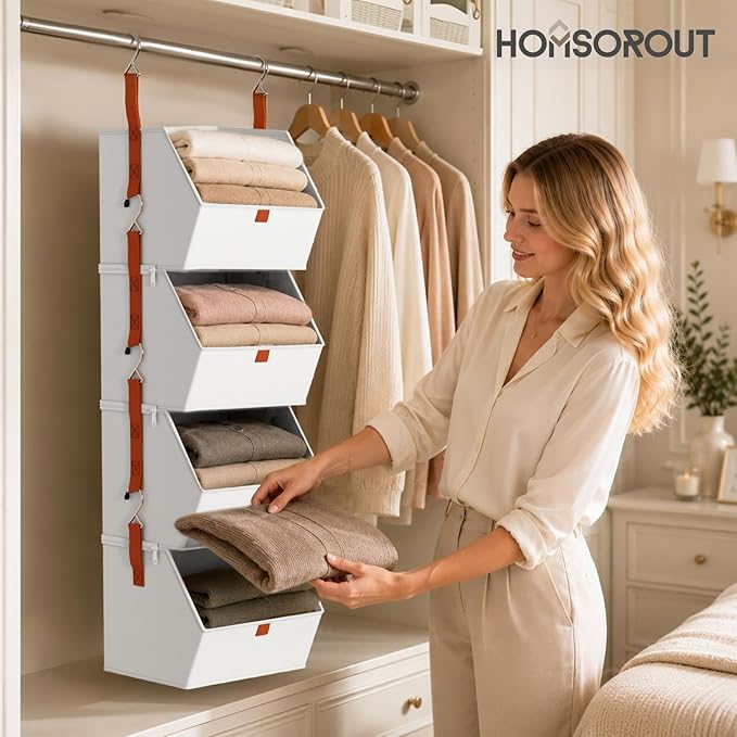 Homsorout Hanging Closet Organizer 4 Tier - Clothes Hanging Shelves, Space-Saving Closet System, Fabric Storage Bins Bedroom Organization, Collapsible Baskets for Home, Dorm, Rv, White