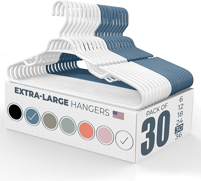 Large & Wide Heavy Duty Clothes Hangers 30 Pack – Made in USA – Ideal for Plus Size Clothing – 10lb Plastic Hangers with Notches for Oversized Adult Coats & Pants – White & Blue