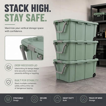 Extra Large 40 Gallon Wheeled Industrial Storage Bins, Heavy Duty Plastic Stackable Totes with Latch Lids and Pull Handle for Garage, Basement, and Moving, Green, 2 Pack