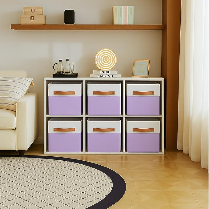 ShellKingdom Storage Bins, Two-Tone Foldable Fabric Storage Cubes with Leather Handle for Closet Toys Clothes Storage Organizer Drawer, 10.5 X 10.5 X 11 inch, 2 Pack (White/Lavender)