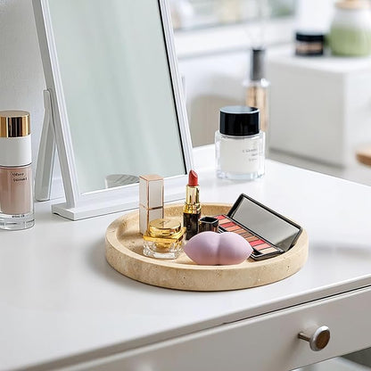 Natural Marble Vanity Tray for Bathroom Kitchen Dresser, Travertine Stone Decorative Trays for Jewelry, Perfume, Cosmetic, Candle, Round Countertop Storage Organizer for Home Decor Beige (WH019)