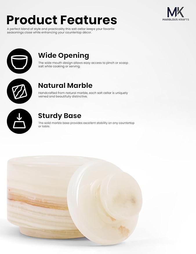 MARBLOUS KRAFTS Marble Salt Cellar 3" Inch White Onyx Salt Holder With Lid for Spice Jar & Stone Salt Container, Modern Sugar Bowl