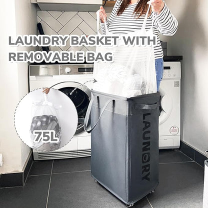 CHICVITA Hamper with Wheels 2-Pack, 75L Large Laundry Baskets with Removable Wash Bags, Foldable Laundry Baskets with Slim Design for Corner Dorms, Rolling Laundry Hamper on Wheels, Grey