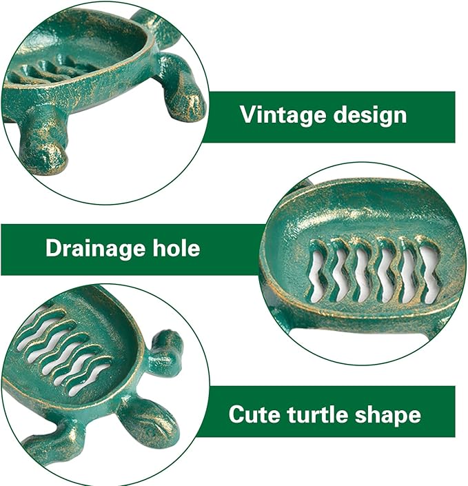 Sungmor Heavy Duty Cast Iron Drainable Soap Holder - Lovely Tortoise Shaped & Antique Green & Gold Finish - Kitchen Bathroom Sink Soap Dish Tray - Practical & Decorative Tabletop Soap Box Container