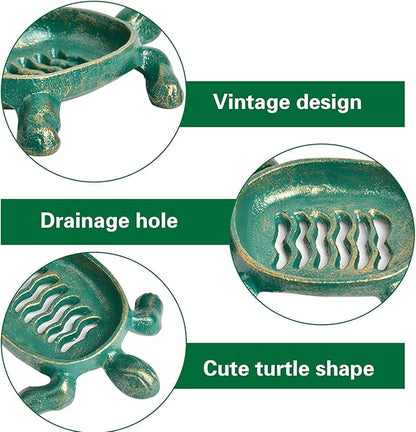 Sungmor Heavy Duty Cast Iron Drainable Soap Holder - Lovely Tortoise Shaped & Antique Green & Gold Finish - Kitchen Bathroom Sink Soap Dish Tray - Practical & Decorative Tabletop Soap Box Container