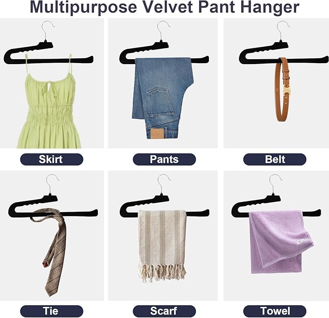 Velvet Pants Hangers - 8 Pack Black Non Slip Open Ended Hanger with 360 Swivel Hook - Closet Space Saving Hanger for Heavy Pants, Jeans, Trousers, Scarf